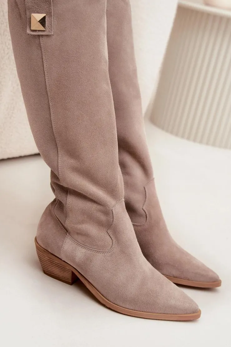 Online Zazoo Skórzane Zamszowe Kozaki Kowbojki Ocieplane 4224 Cappuccino Beżowy