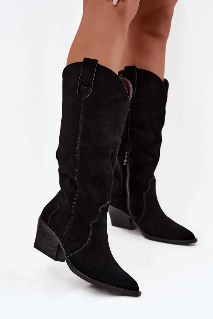 Boto Kozaki Ocieplane|Kozaki Na Słupku*Skórzane Zamszowe Kozaki Kowbojki Damskie Ocieplane Czarne Urselle Czarny