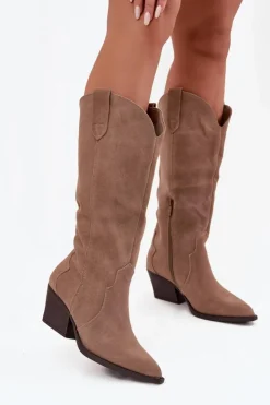 Clearance Boto Skórzane Zamszowe Kozaki Kowbojki Damskie Ocieplane Khaki Urselle Beżowy