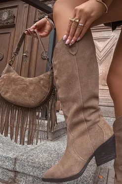 Clearance Boto Skórzane Zamszowe Kozaki Kowbojki Damskie Ocieplane Khaki Urselle Beżowy