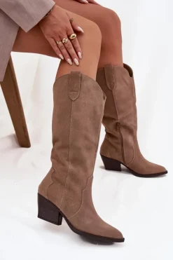 Clearance Boto Skórzane Zamszowe Kozaki Kowbojki Damskie Ocieplane Khaki Urselle Beżowy