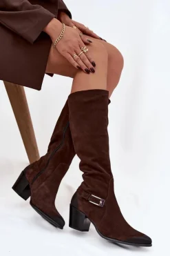 Zazoo Kozaki Ocieplane|Kozaki Przed Kolano*Skórzane Zamszowe Kozaki Na Obcasie Z Klamrą Ocieplane 70156 Czekoladowe Brązowy