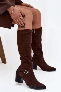 Zazoo Kozaki Ocieplane|Kozaki Przed Kolano*Skórzane Zamszowe Kozaki Na Obcasie Z Klamrą Ocieplane 70156 Czekoladowe Brązowy