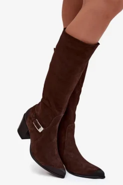 Zazoo Kozaki Ocieplane|Kozaki Przed Kolano*Skórzane Zamszowe Kozaki Na Obcasie Z Klamrą Ocieplane 70156 Czekoladowe Brązowy