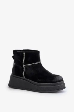 Maciejka Śniegowce Damskie*Skórzane Zamszowe Śniegowce Botki Na Platformie I Koturnie 06769-01 Czarne Czarny