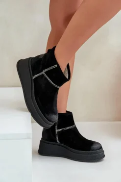 Maciejka Śniegowce Damskie*Skórzane Zamszowe Śniegowce Botki Na Platformie I Koturnie 06769-01 Czarne Czarny