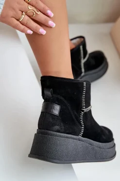 Maciejka Śniegowce Damskie*Skórzane Zamszowe Śniegowce Botki Na Platformie I Koturnie 06769-01 Czarne Czarny