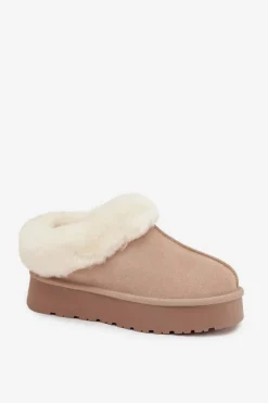 Boto Skórzane Zamszowe Śniegowce Damskie Z Futerkiem Beżowe Mivelle Beżowy