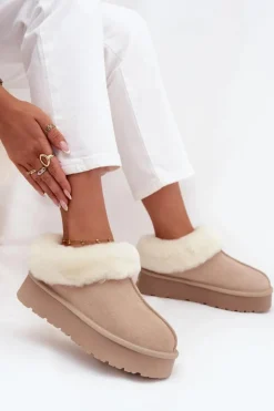 Boto Skórzane Zamszowe Śniegowce Damskie Z Futerkiem Beżowe Mivelle Beżowy