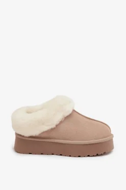 Boto Skórzane Zamszowe Śniegowce Damskie Z Futerkiem Beżowe Mivelle Beżowy