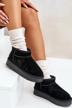 Outlet Boto Skórzane Zamszowe Śniegowce Na Platformie Czarne Nereviana Czarny