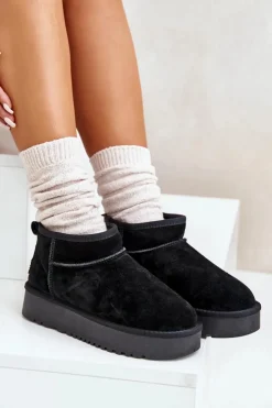 Outlet Boto Skórzane Zamszowe Śniegowce Na Platformie Czarne Nereviana Czarny