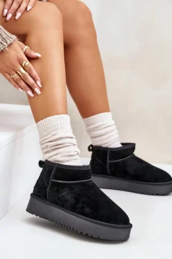 Outlet Boto Skórzane Zamszowe Śniegowce Na Platformie Czarne Nereviana Czarny
