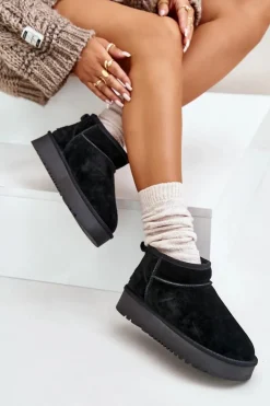Outlet Boto Skórzane Zamszowe Śniegowce Na Platformie Czarne Nereviana Czarny