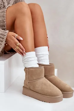 Boto Śniegowce Damskie*Skórzane Zamszowe Śniegowce Na Platformie Za Kostkę Beżowe Rianaella Beżowy