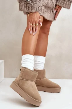 Boto Śniegowce Damskie*Skórzane Zamszowe Śniegowce Na Platformie Za Kostkę Beżowe Rianaella Beżowy