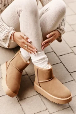 Boto Śniegowce Damskie*Skórzane Zamszowe Śniegowce Na Platformie Za Kostkę Camel Rianaella Brązowy