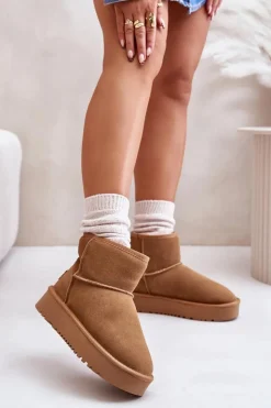 Boto Śniegowce Damskie*Skórzane Zamszowe Śniegowce Na Platformie Za Kostkę Camel Rianaella Brązowy