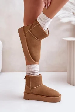 Boto Śniegowce Damskie*Skórzane Zamszowe Śniegowce Na Platformie Za Kostkę Camel Rianaella Brązowy