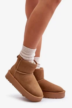 Boto Śniegowce Damskie*Skórzane Zamszowe Śniegowce Na Platformie Za Kostkę Camel Rianaella Brązowy