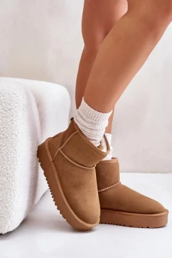 Boto Śniegowce Damskie*Skórzane Zamszowe Śniegowce Na Platformie Za Kostkę Camel Rianaella Brązowy