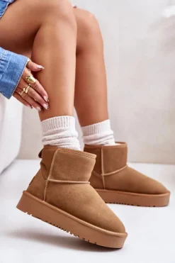 Boto Śniegowce Damskie*Skórzane Zamszowe Śniegowce Na Platformie Za Kostkę Camel Rianaella Brązowy