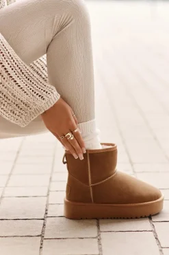 Boto Śniegowce Damskie*Skórzane Zamszowe Śniegowce Na Platformie Za Kostkę Camel Rianaella Brązowy