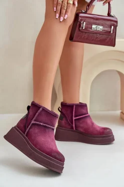 Maciejka Śniegowce Damskie*Skórzane Zamszowe Śniegowce Botki Na Platformie I Koturnie 06769-23 Bordowe