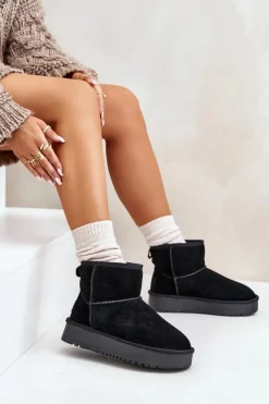 Damskie Boto Skórzane Zamszowe Śniegowce Na Platformie Za Kostkę Czarne Rianaella