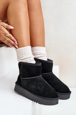 Damskie Boto Skórzane Zamszowe Śniegowce Na Platformie Za Kostkę Czarne Rianaella