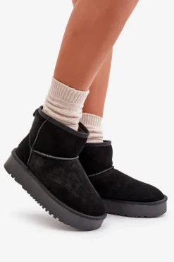 Damskie Boto Skórzane Zamszowe Śniegowce Na Platformie Za Kostkę Czarne Rianaella