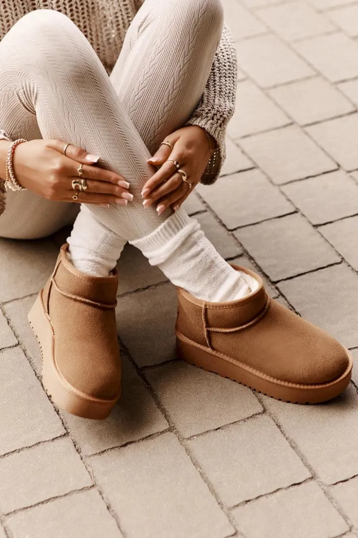 Boto Śniegowce Damskie*Skórzane Zamszowe Śniegowce Na Platformie Camel Nereviana Brązowy