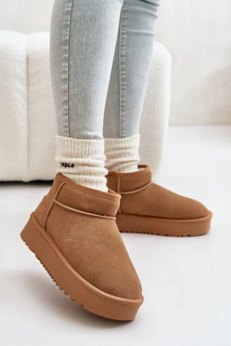 Boto Śniegowce Damskie*Skórzane Zamszowe Śniegowce Na Platformie Camel Nereviana Brązowy