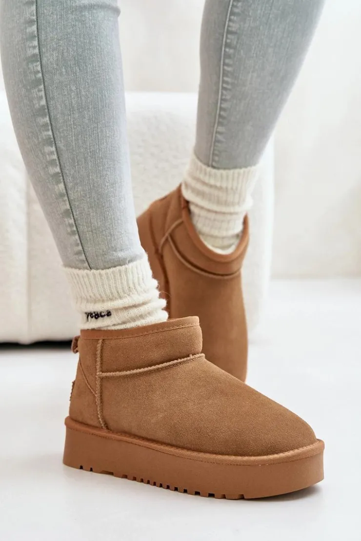 Boto Śniegowce Damskie*Skórzane Zamszowe Śniegowce Na Platformie Camel Nereviana Brązowy