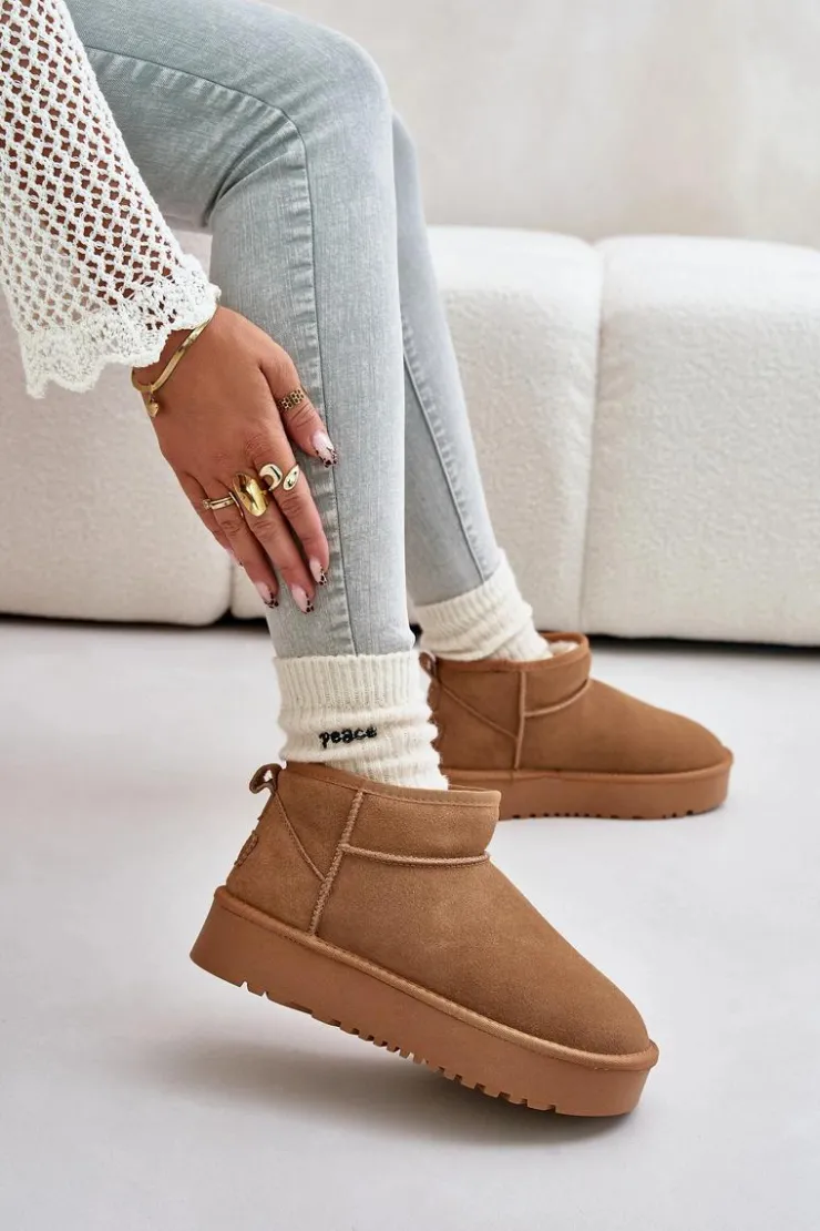 Boto Śniegowce Damskie*Skórzane Zamszowe Śniegowce Na Platformie Camel Nereviana Brązowy