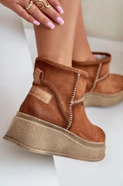 Maciejka Śniegowce Damskie*Skórzane Zamszowe Śniegowce Botki Na Platformie I Koturnie 06769-29 Brązowe Brązowy
