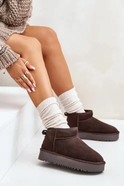 Boto Śniegowce Damskie*Skórzane Zamszowe Śniegowce Na Platformie Brązowe Nereviana