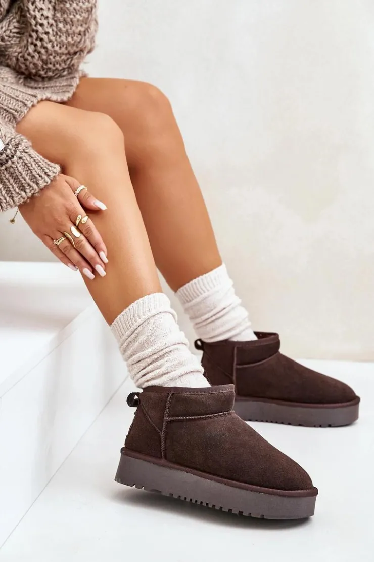 Boto Śniegowce Damskie*Skórzane Zamszowe Śniegowce Na Platformie Brązowe Nereviana