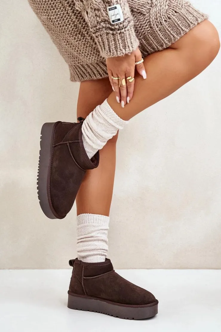 Boto Śniegowce Damskie*Skórzane Zamszowe Śniegowce Na Platformie Brązowe Nereviana