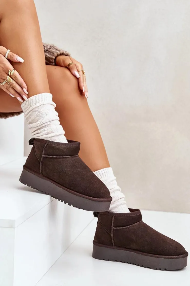 Boto Śniegowce Damskie*Skórzane Zamszowe Śniegowce Na Platformie Brązowe Nereviana