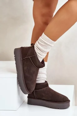Boto Śniegowce Damskie*Skórzane Zamszowe Śniegowce Na Platformie Brązowe Nereviana