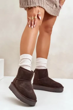 Discount Boto Skórzane Zamszowe Śniegowce Na Platformie Za Kostkę Brązowe Rianaella Brązowy