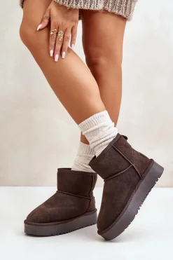 Discount Boto Skórzane Zamszowe Śniegowce Na Platformie Za Kostkę Brązowe Rianaella Brązowy