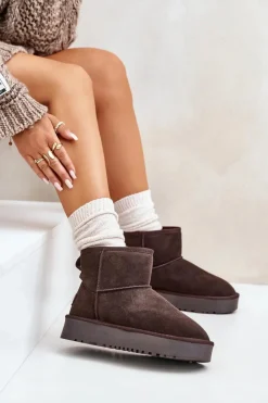 Discount Boto Skórzane Zamszowe Śniegowce Na Platformie Za Kostkę Brązowe Rianaella Brązowy