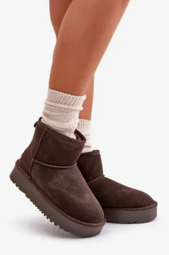Discount Boto Skórzane Zamszowe Śniegowce Na Platformie Za Kostkę Brązowe Rianaella Brązowy