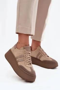 Discount Zazoo Skórzane Zamszowe Sneakersy Damskie Na Platformie 3775 Beżowe Beżowy