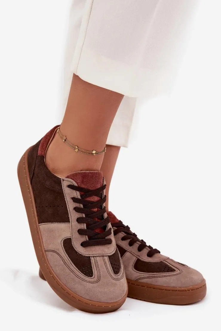 Damskie Zazoo Skórzane Zamszowe Sneakersy Barefoot Damskie N1277 Brązowe