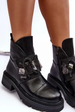 Damskie buty S.Barski Botki Ocieplane|Czarne Botki*Skórzane Zdobione Botki Na Płaskim Obcasie I Platformie S.Barski MR870-46 Czarne