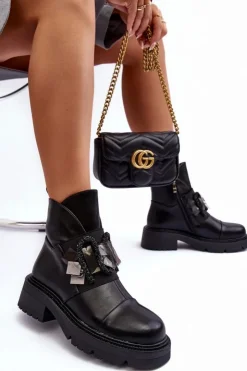 Damskie buty S.Barski Botki Ocieplane|Czarne Botki*Skórzane Zdobione Botki Na Płaskim Obcasie I Platformie S.Barski MR870-46 Czarne