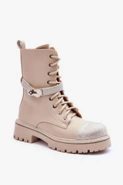 Damskie Boto Skórzane Zdobione Botki Workery Damskie Beżowe Totah